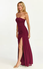 Lara Maxi Dress - Strapless Ruched Mesh High Leg Split Dress in Wine