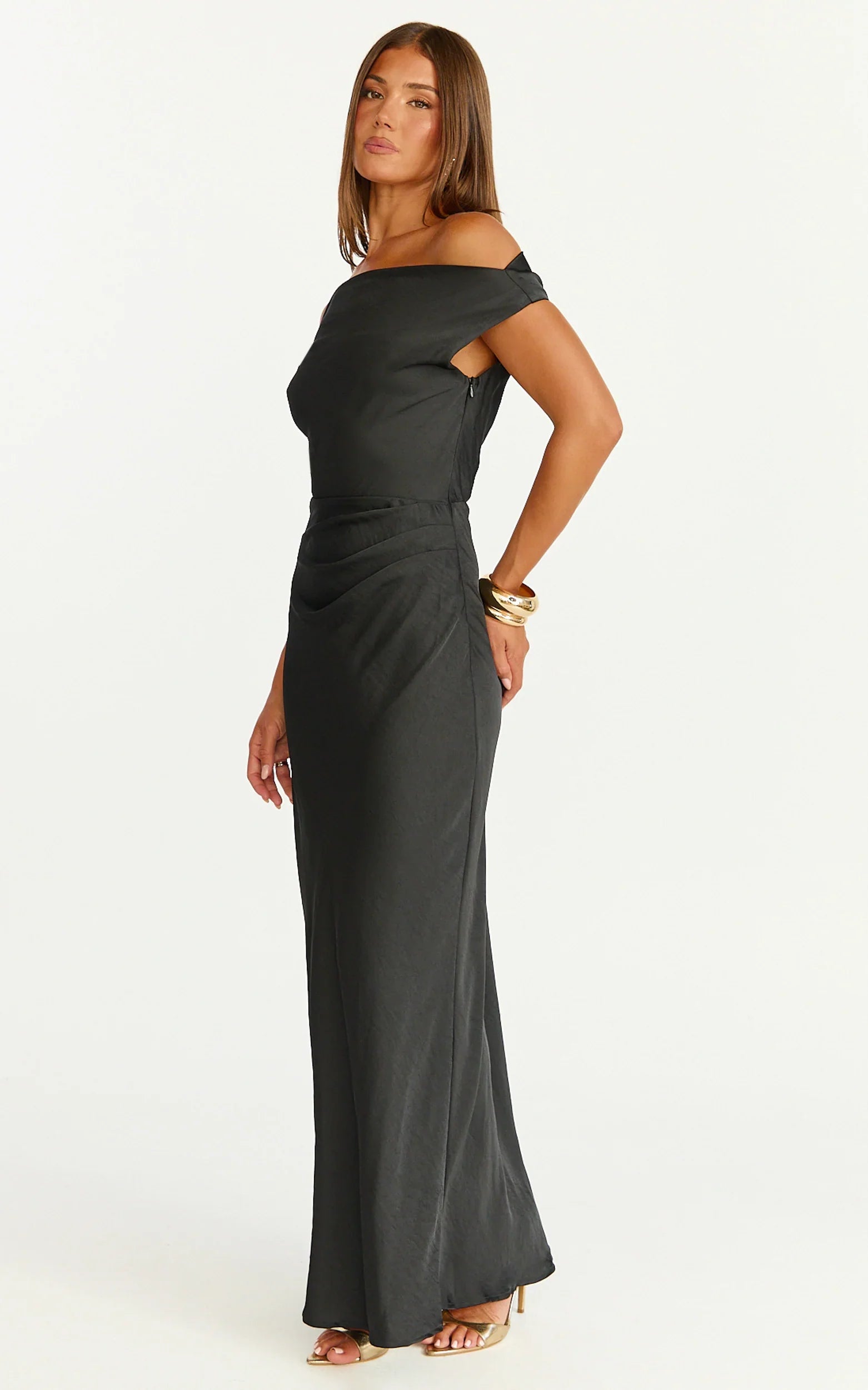 Lira Midi Dress - One Shoulder Satin Dress in Black