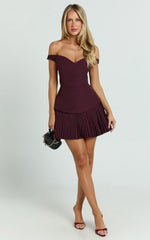 Izara Mini Dress - Off Shoulder Pleated Dress in Wine
