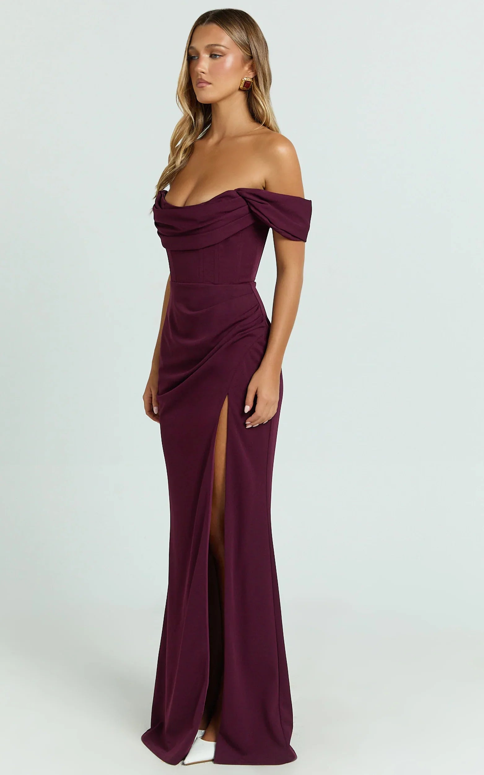 Marcel Maxi Dress - Off Shoulder Corset High Split Dress in Wine
