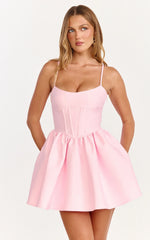 Louisa Mini Dress - Boned Bodice Lace Up Back Dress in Soft Pink